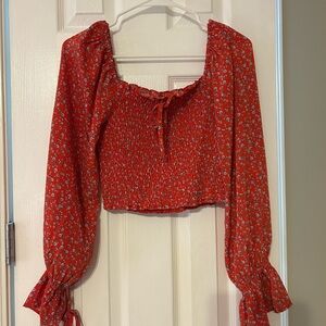 Chic Red Floral Smocked Crop Top